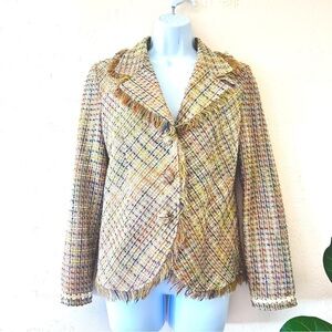 Vintage 90s Pastel Tweed Blazer with Fringe Trim Size S Academia Preppy